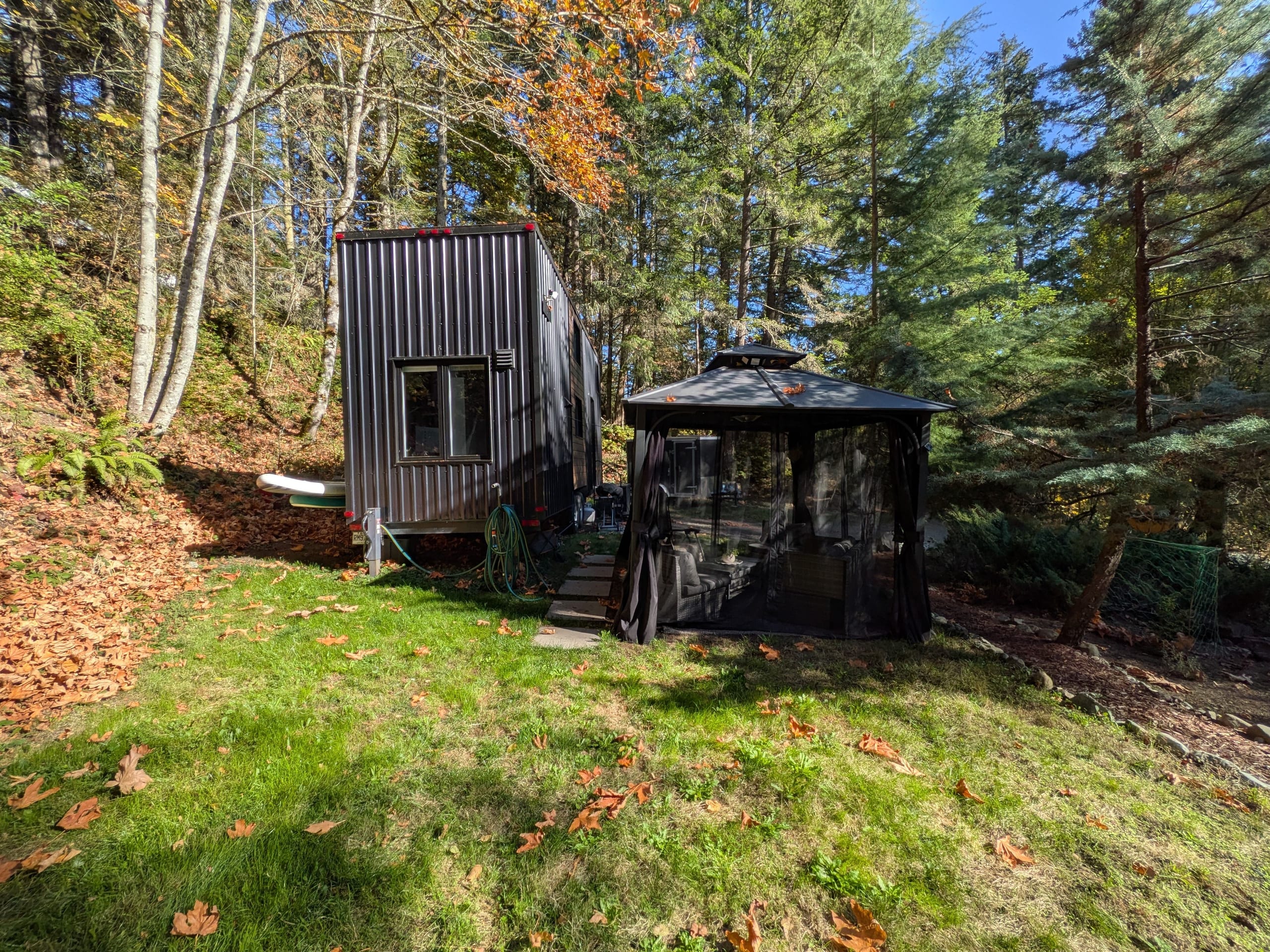 Tiny house and gazebo on a sunny wooded lawn with a storage shed
